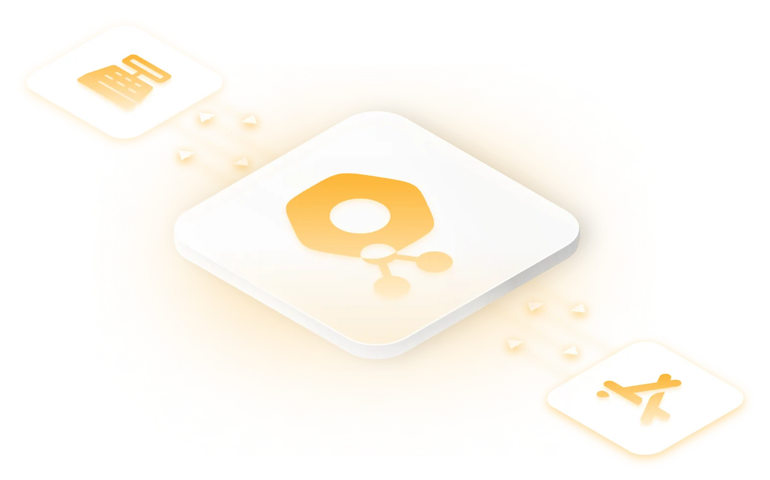 Menu and aggregator order cards flowing through the Connect hub on an isometric plate