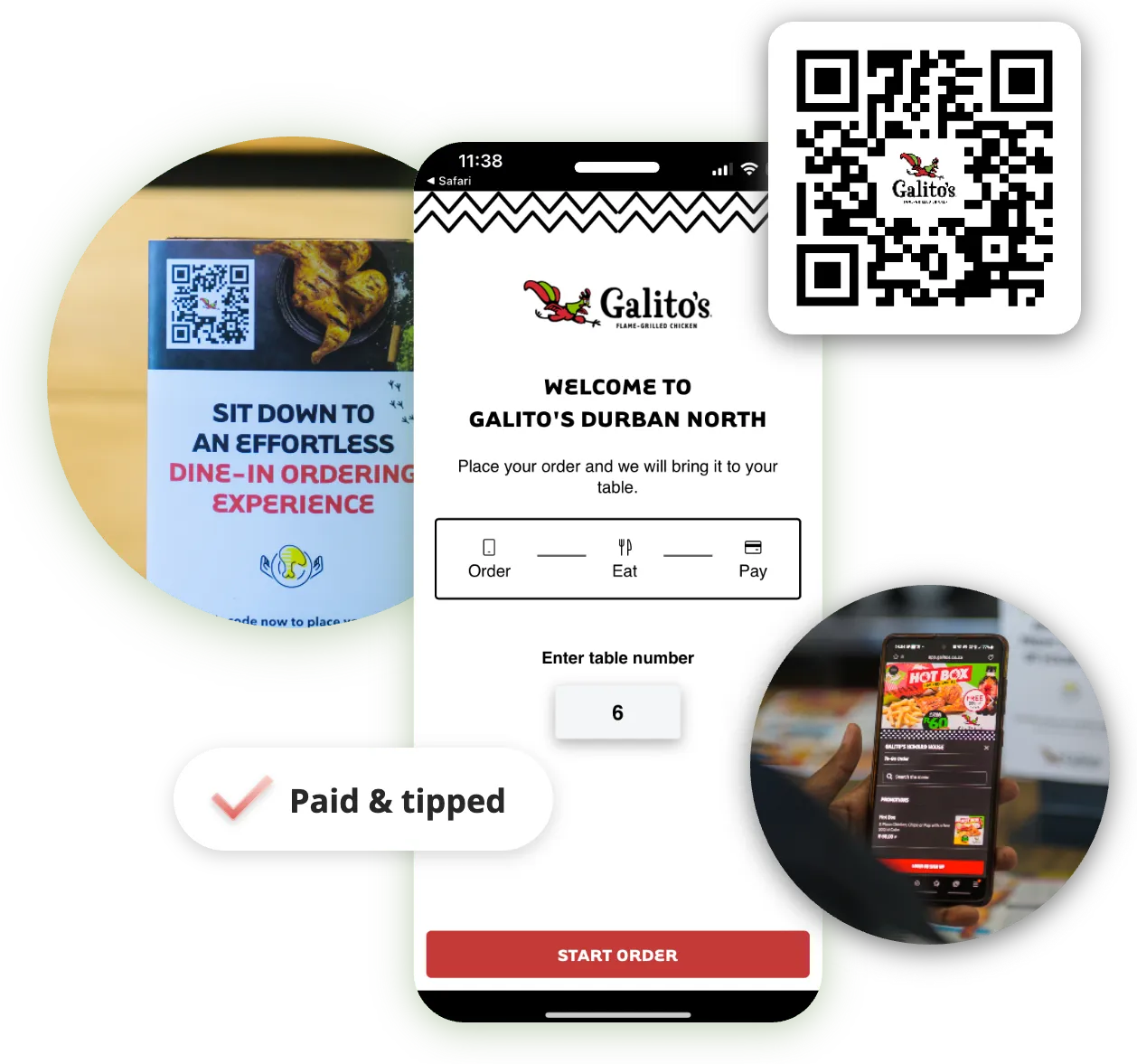 A diner scanning a Galito's QR code to open the Dine-In menu, enter a table number and pay at the table
