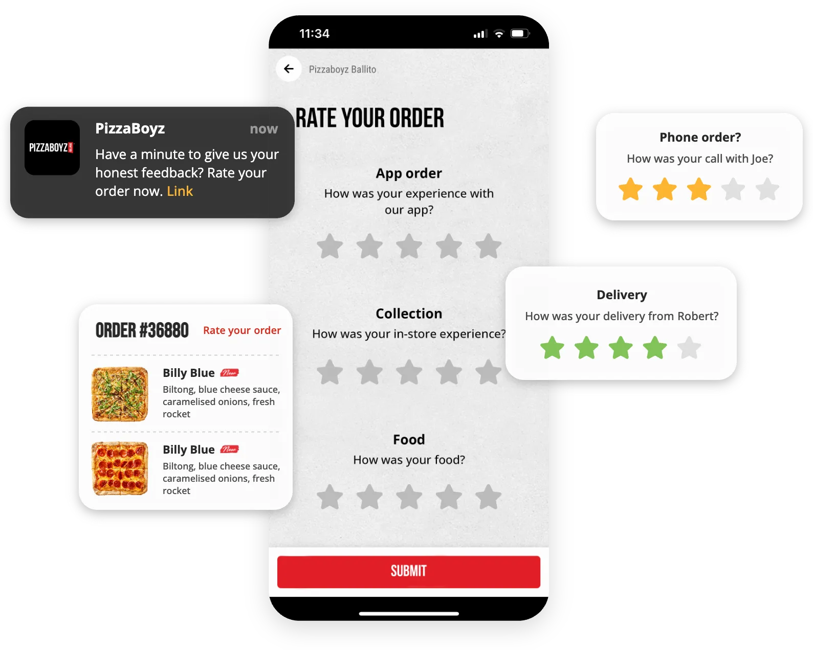 A customer rating an order in the BeHeard app, with store, delivery and phone-order feedback cards surfacing alongside