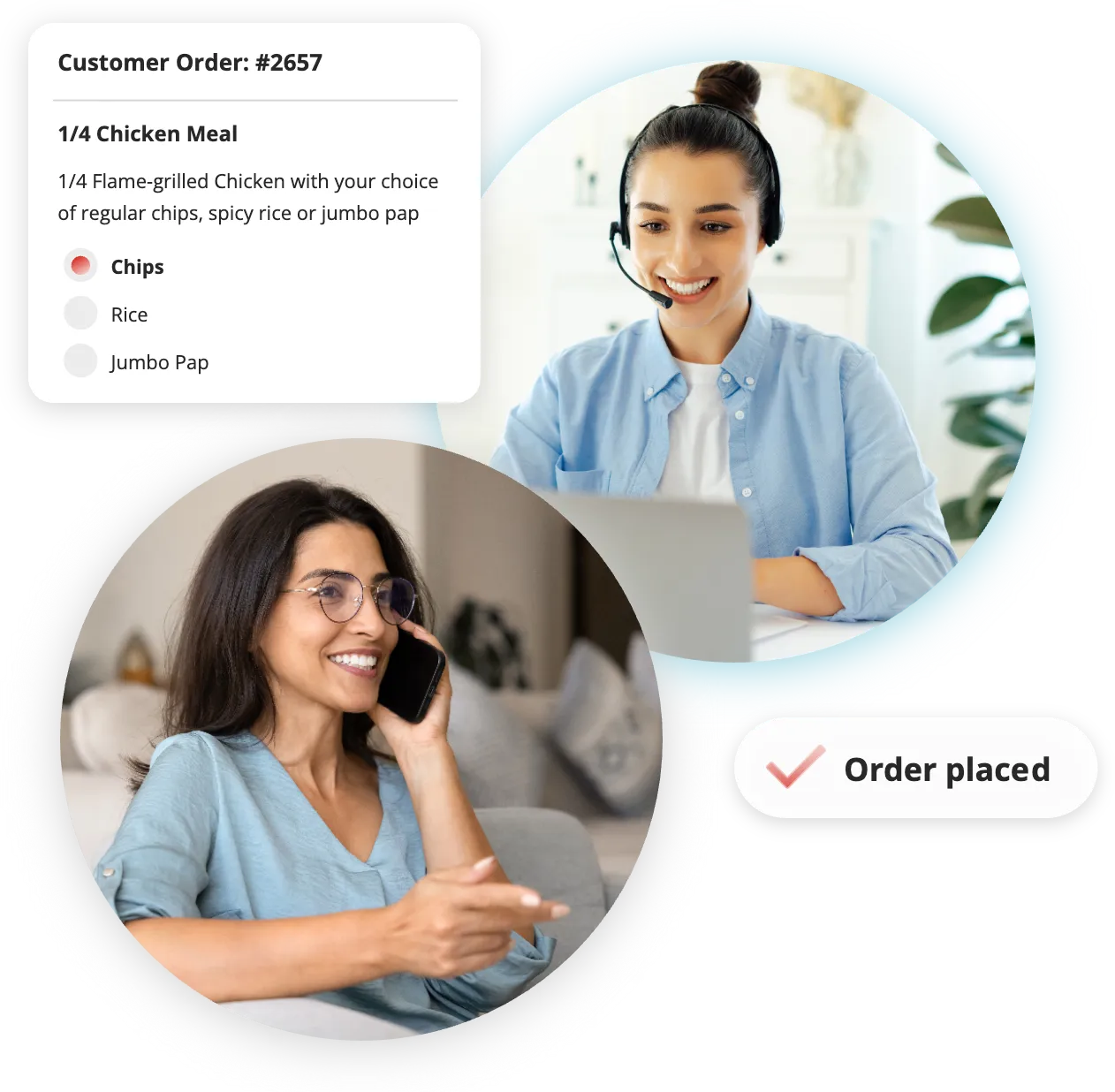 Call-centre agents capturing a live phone order in Switchboard, ending with an order placed confirmation