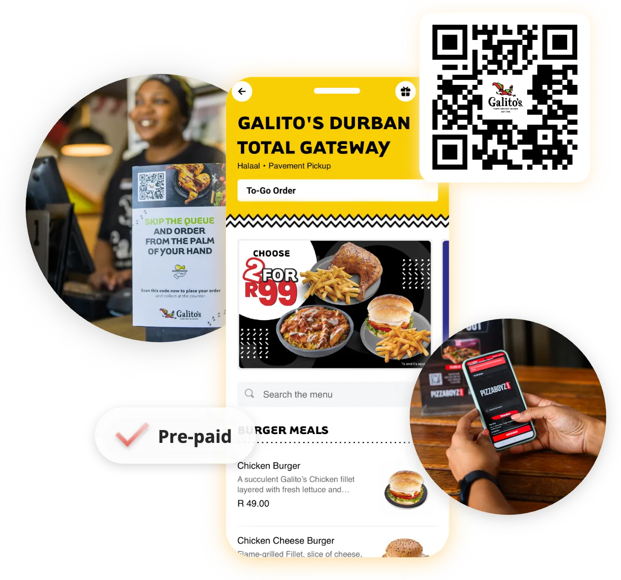 Customer scanning a Galito's To-Go QR code, ordering in store and collecting a pre-paid bag