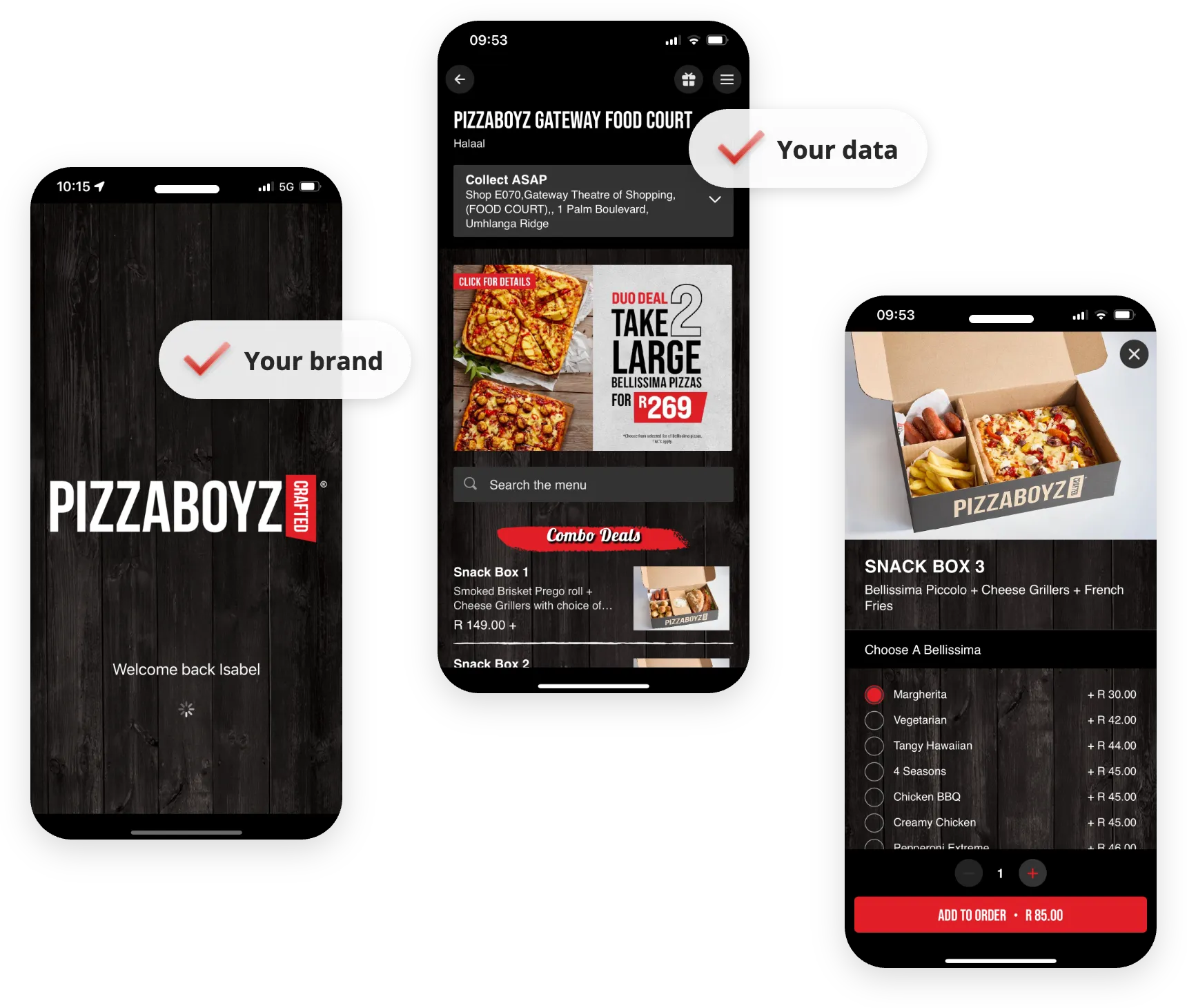 Branded PizzaBoyz app screens: your brand, your data