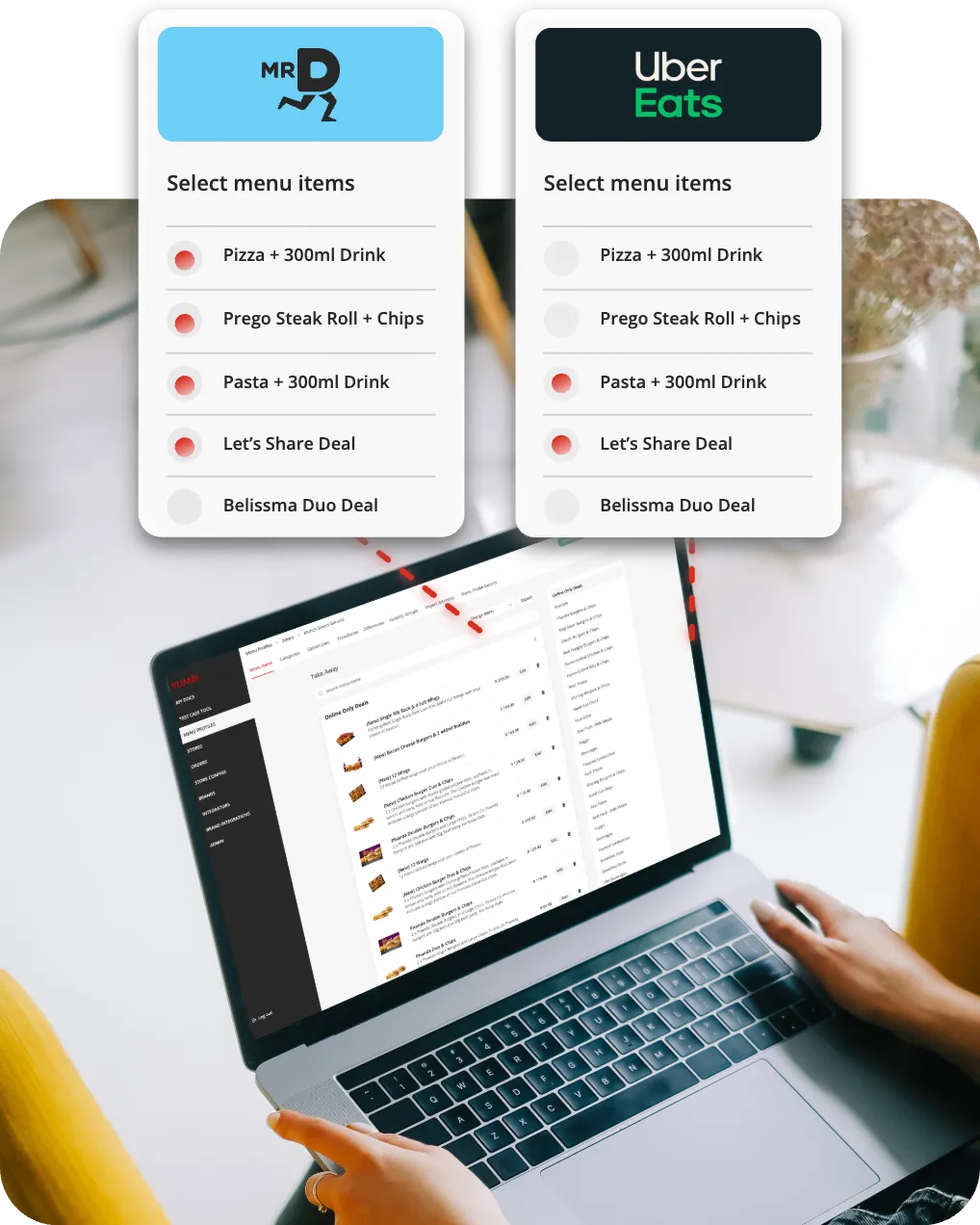 A manager reviewing one menu published to two aggregator apps from a laptop