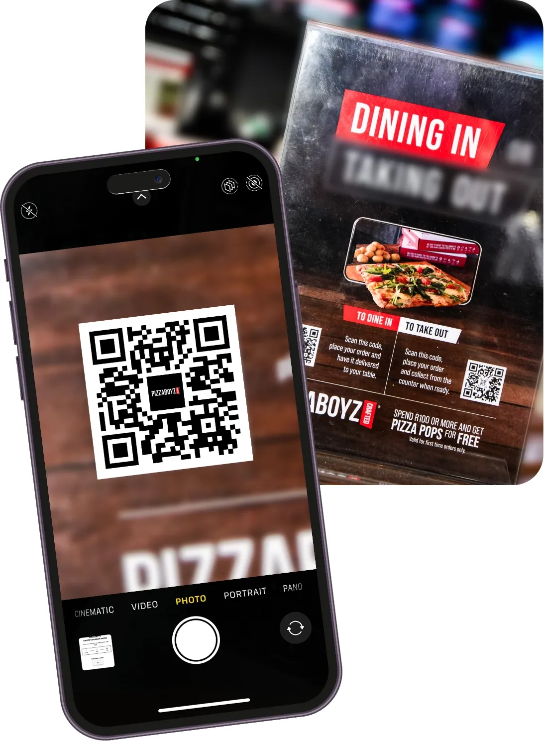 A guest scanning the Dine-In QR code from a PizzaBoyz table poster