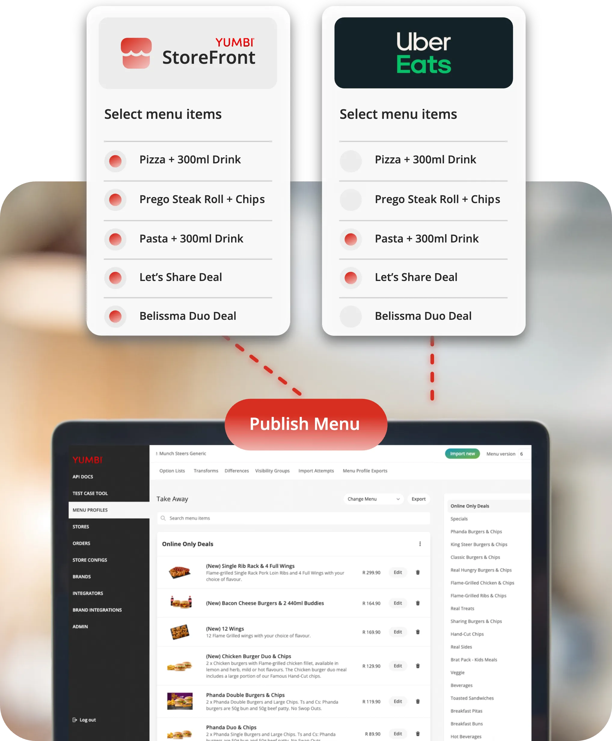 One menu published from Gateway to StoreFront and Uber Eats at once