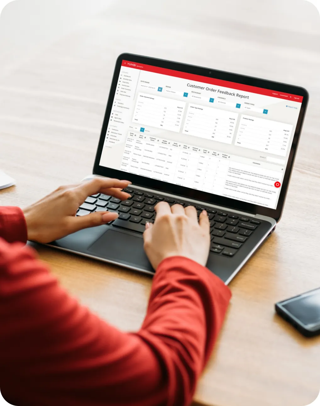 An operations leader reviewing the customer order feedback report on a laptop