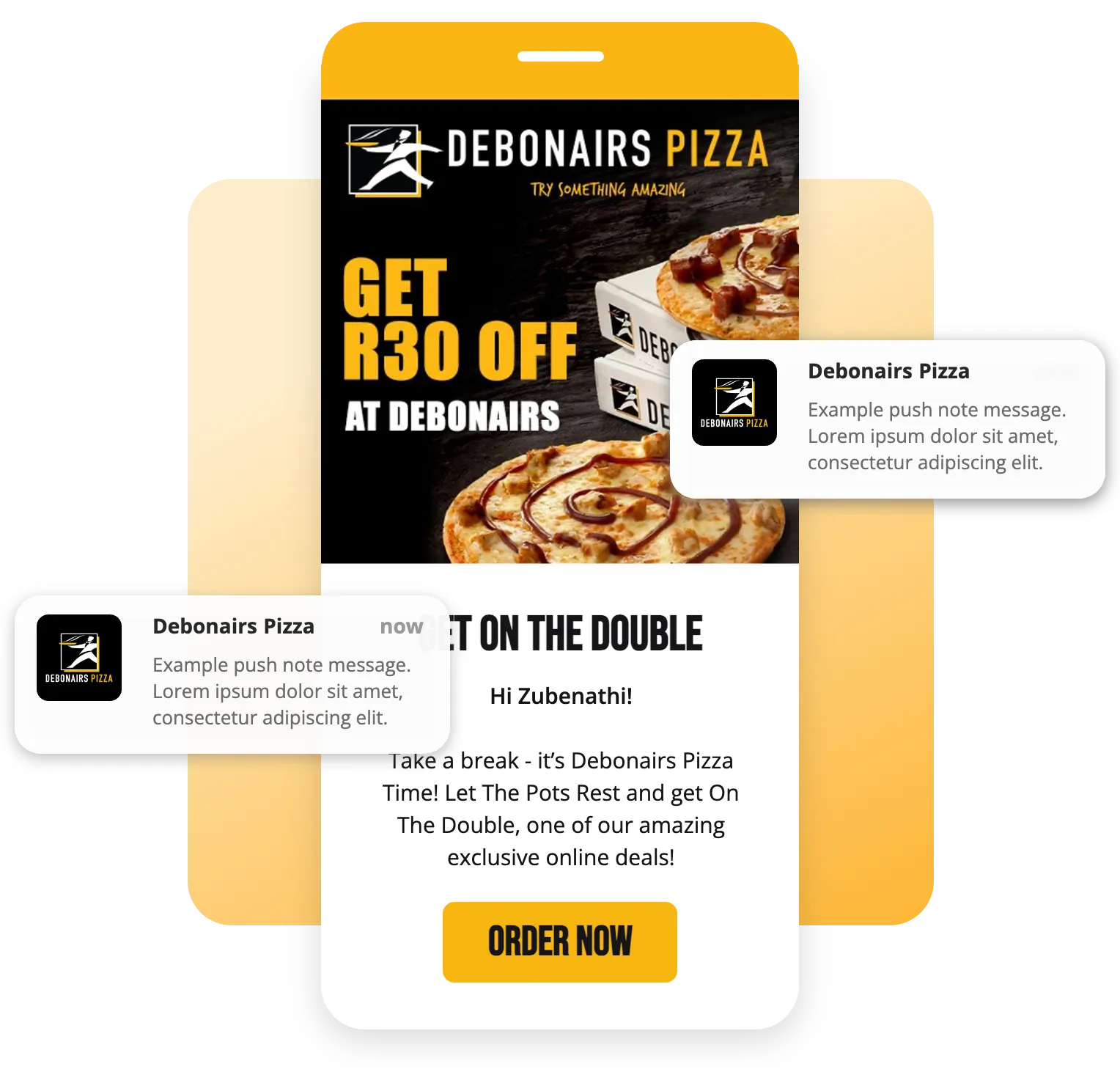 A Debonairs R30-off voucher on a phone with matching push notifications